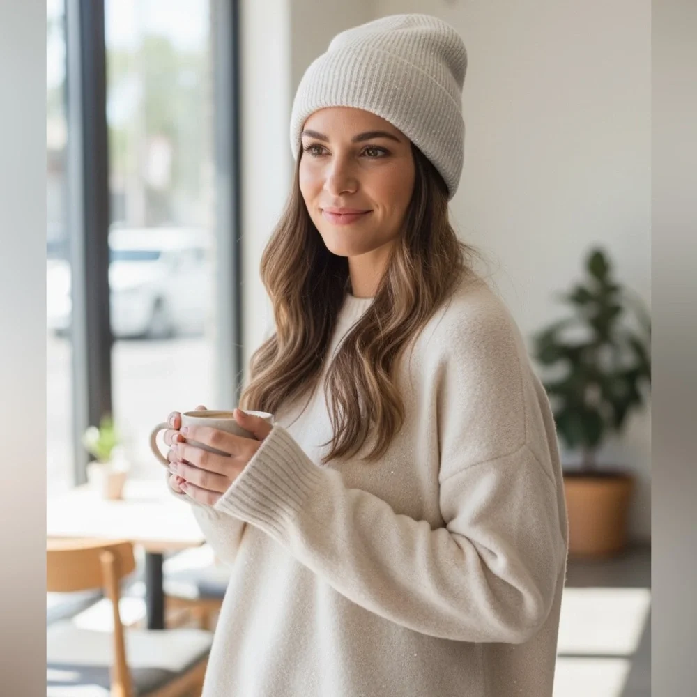 Hat Attack Metallic Sequin Sparkle‎ Beanie In Winter White Revolve Cozy Metallic